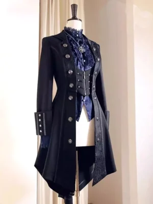 Gothic Ouji Prince Black Tailcoat Lolita Overcoat front three-quarter view with dark blue lace inner set and metal buttons
