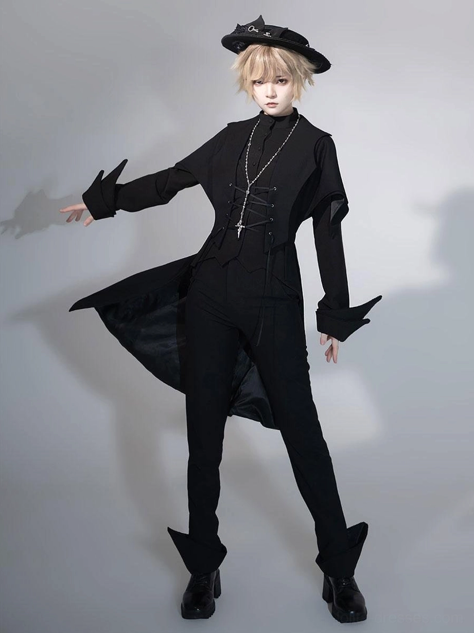Gothic Ouji tailcoat suit ensemble with straight-leg black pants full front body view model cross necklace long tail jacket