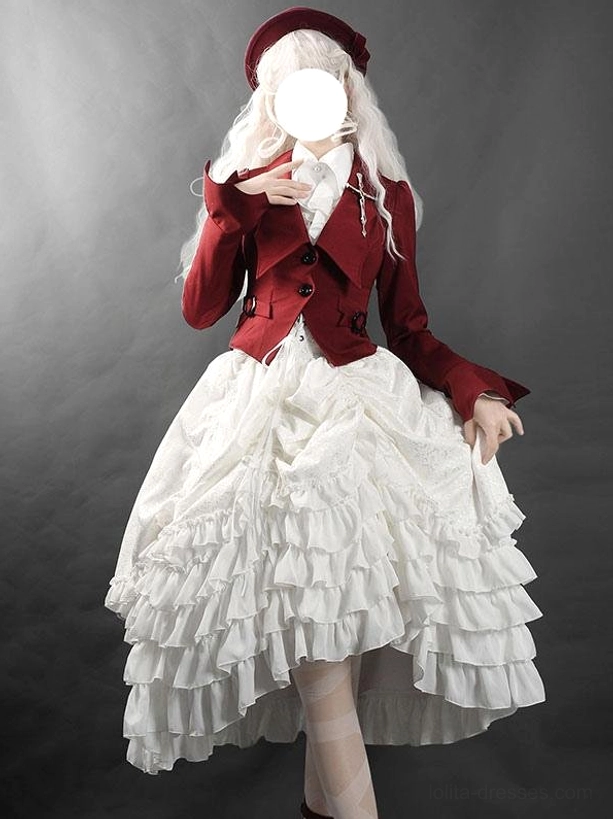 White Victorian Gothic Ouji jacquard ruffled skirt side view with high-low hemline and corset-inspired waistline on studio mannequin