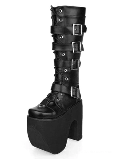 Black gothic platform boot front three-quarter angle featuring lace-up closure, adjustable metal buckles, thick platform sole construction