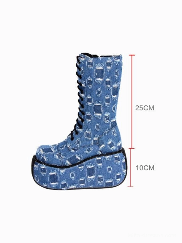 single gothic denim platform boot right three-quarter view with size markers showing 25cm total height and 10cm platform height mid-calf lace-up design