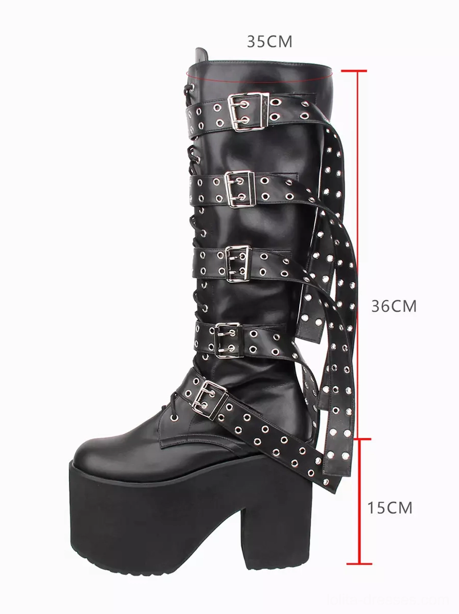 gothic platform boots left side profile measurement marks black pu leather grommet straps marked shoe dimensions