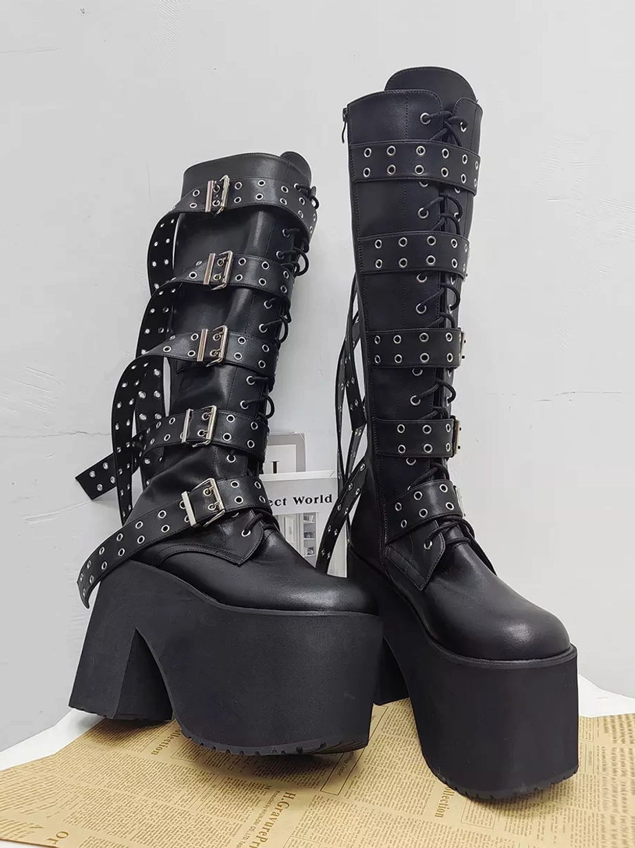 gothic platform boots rear angled view lace up front chunky platform sole black pu leather grommet detail