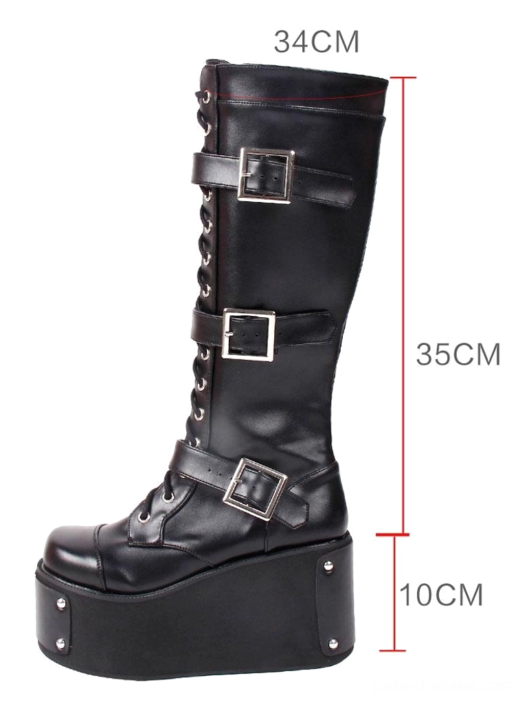 Gothic knee-high platform boots side view with size annotations showing three metal buckle straps lace-up front 10cm thick wedge platform and 35cm total height