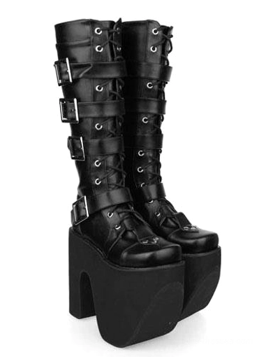 Black gothic lolita platform boots side three-quarter view displaying adjustable side straps, round toe silhouette, and chunky heel