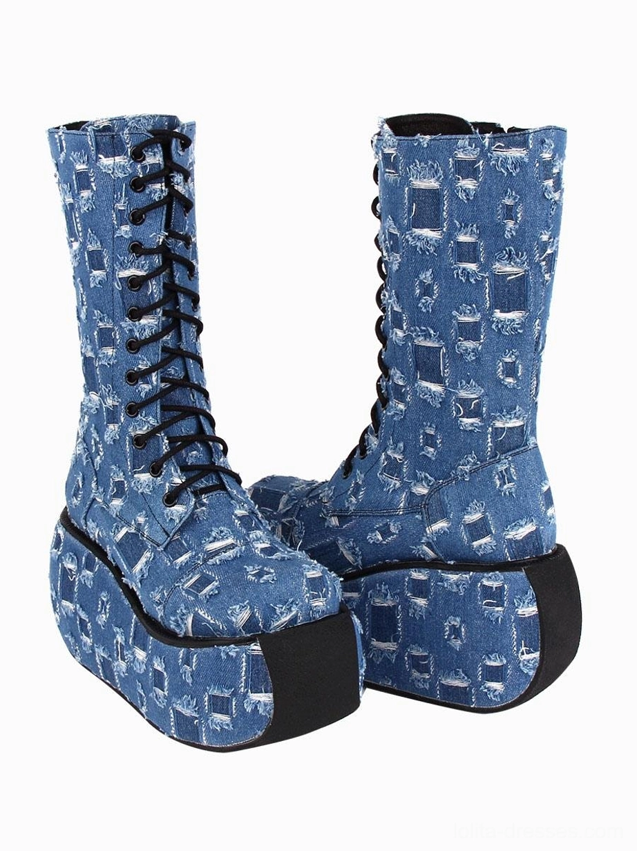 left three-quarter dual boot display showing side and front angles of gothic denim platform lolita boots with square thick soles