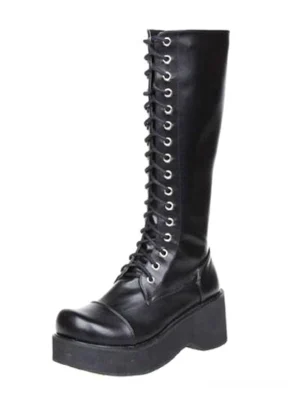 Single black Gothic platform lolita boot side front view showing tall boot shaft thick chunky platform heel and lace-up eyelets design