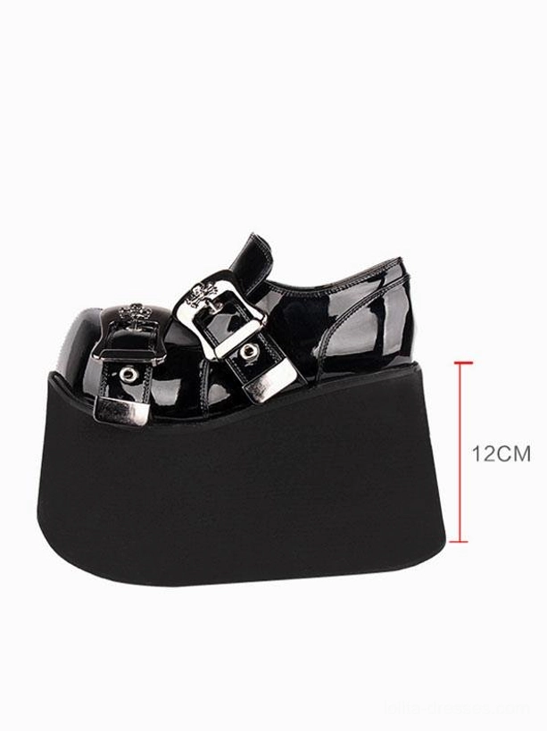 single gothic platform lolita pump shoe side view featuring 12cm high wedge sole glossy black upper and silver hardware details