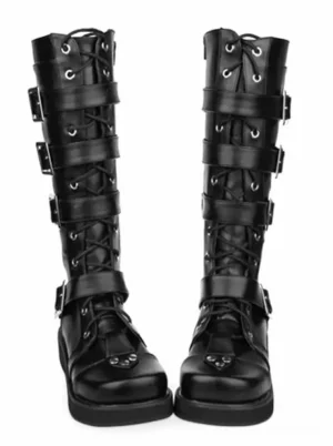 Gothic black lolita boots with silver buckle straps and lace-up front round toe platform sole direct front view
