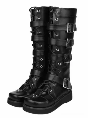 Gothic punk tall black lolita boots multiple silver buckle straps platform round toe three-quarter angle view
