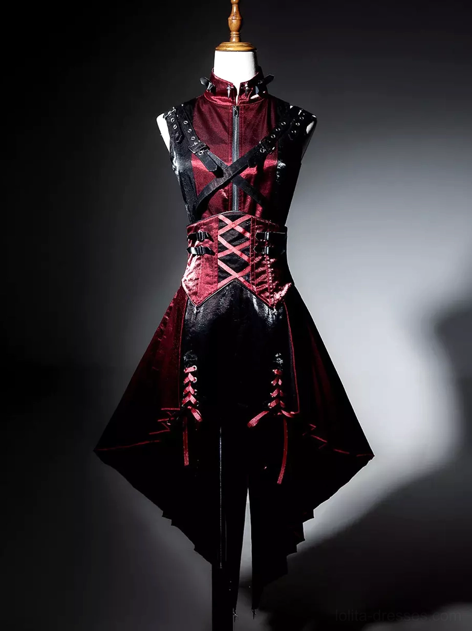 Front full view of gothic punk lolita corset dress on display mannequin showing cross buckle straps, wine red and black color block