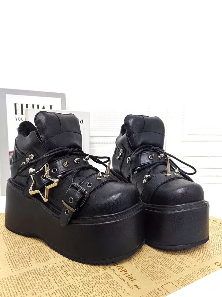 Paired gothic punk lolita platform pumps front three-quarter view spike decorations star buckles lace-up thick wedge sole
