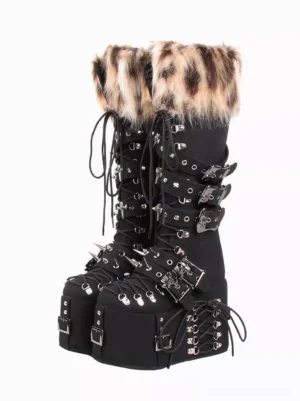 Black gothic punk platform lolita boots front three-quarter view with metal buckles leopard fur collar and spike decorations