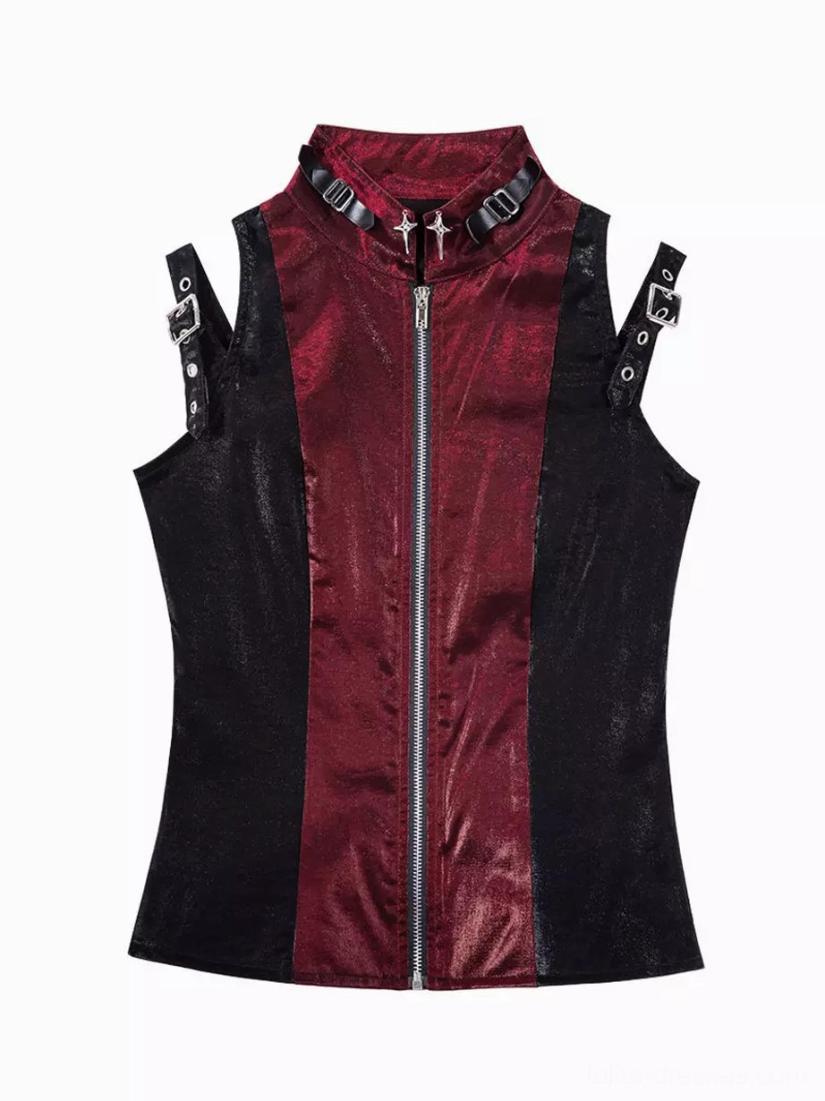 Flat lay product view of gothic punk sleeveless corset top with cold shoulder design, front zipper and star-shaped buckles