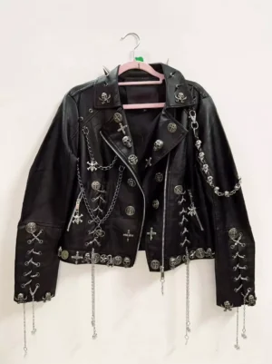 black-faux-leather-punk-biker-jacket-silver-chain-skull-cross-decorations-spiked-collar-full-front-view
