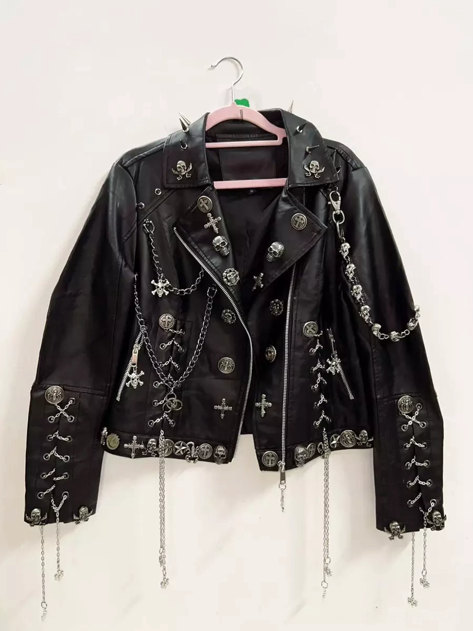 black-faux-leather-punk-biker-jacket-silver-chain-skull-cross-decorations-spiked-collar-full-front-view