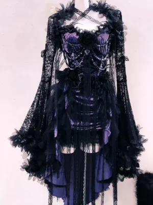 Gothic purple velvet lolita JSK dress with 3D rose lace bell sleeve shrug front three-quarter view showing asymmetrical tiered tulle skirt and black lace details