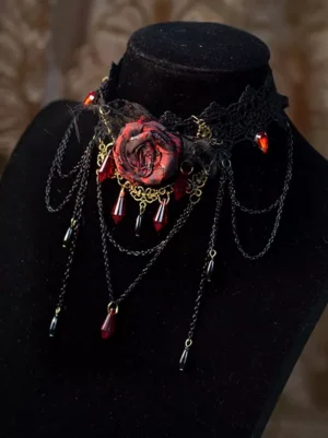 Gothic romantic lace choker with black lace base, red fabric rose detail, crimson crystal drop pendants, vintage-inspired lolita neck accessory