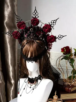 gothic lolita dark red rose halo crown necklace veil eye mask cosplay set front view mannequin display