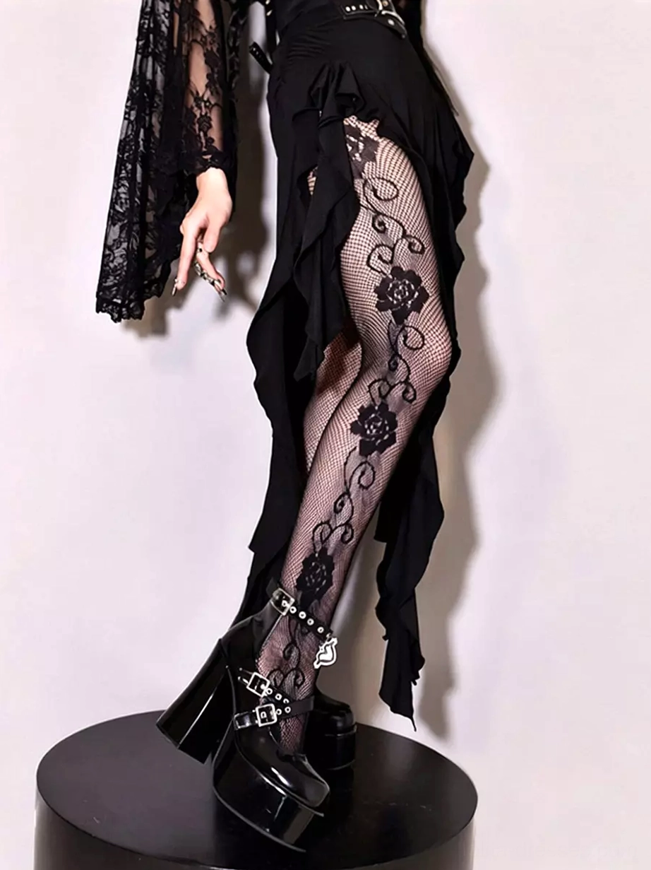 Gothic rose lace fishnet hosiery side rear view on model in lolita outfit with platform heels