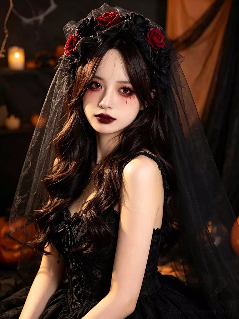 Gothic rose lolita headpiece three-quarter view black tulle veil on model wearing black dress with theatrical makeup