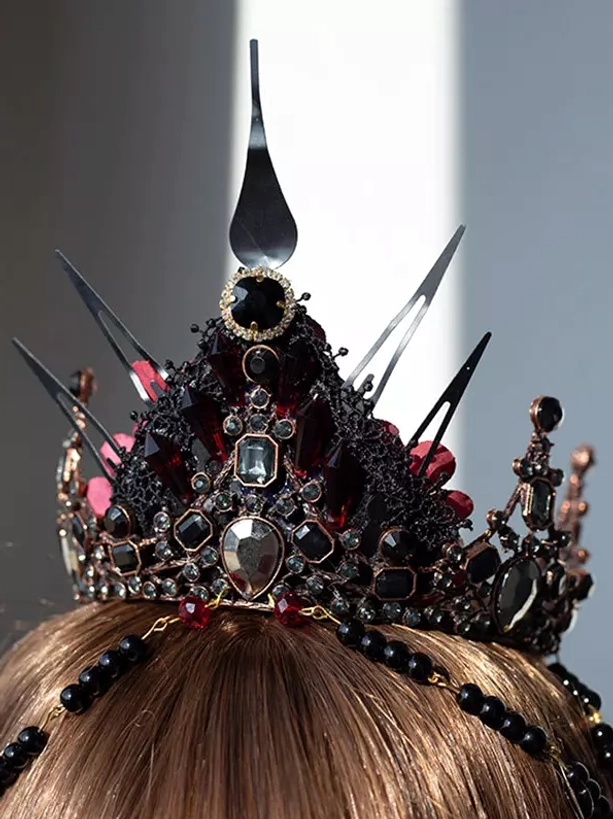 Gothic spike crown tiara with black red crystals beads tassel antique copper metal frame lolita headdress back view worn on hair