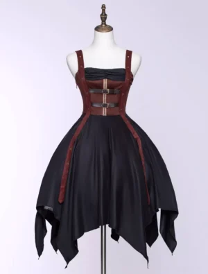 Gothic steampunk lolita jumper dress with irregular handkerchief hemline and black brown color block design shown on dress form front view