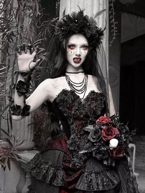 Gothic strapless corset bustier lolita dress with sweetheart neckline ruffled skirt model front shot
