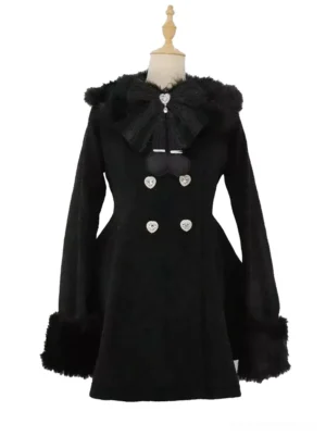 Black Gothic Sweet Lolita wool winter coat with faux fur collar and cuffs, double-breasted heart buttons, waisted A-line silhouette, flat display view on mannequin