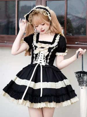 Three-quarter front view of gothic sweet lolita dress featuring square neckline, puff sleeves, and tiered ruffled skirt with lace details