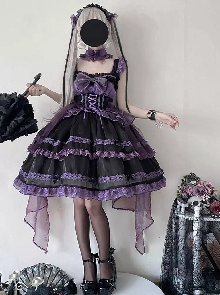 Gothic sweet lolita JSK dress with black-purple lace-up corset bodice and large bow, front view, sleeveless A-line silhouette with tiered ruffled skirt