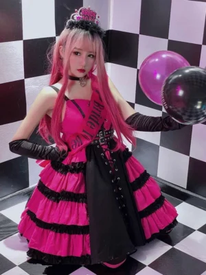 gothic sweet lolita jumper skirt front view with lace-up details wide waist belt crown hair ornament holding balloons