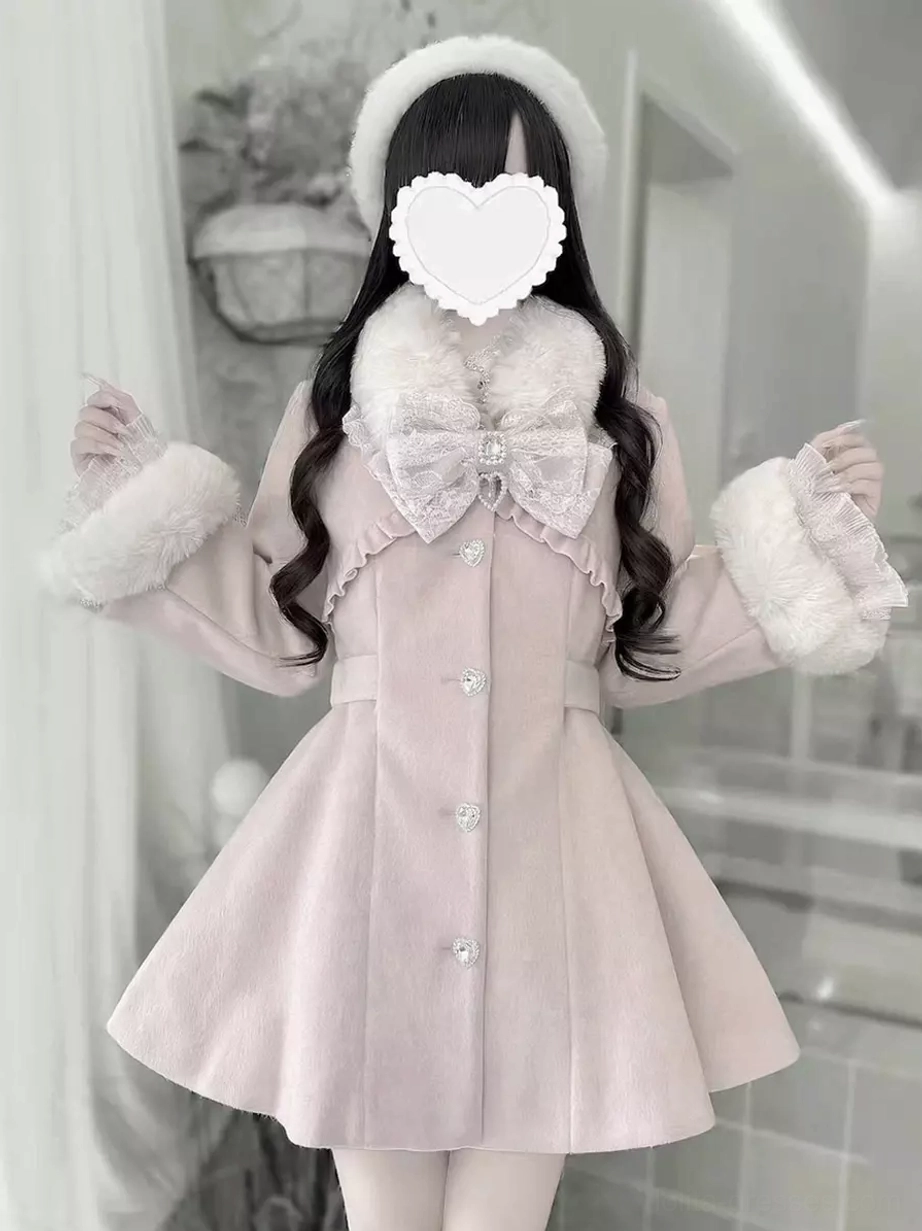 Gothic Sweet Lolita overcoat detail photography of faux fur cuff texture, heart-shaped diamond button craftsmanship, and lace trim embellishment