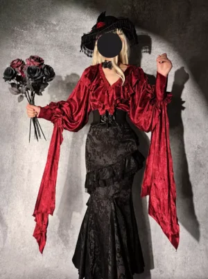 Gothic vampire lolita two-piece outfit featuring wine red ruffle V-neck blouse with long sleeves and black jacquard mermaid skirt with corset belt, full front studio view