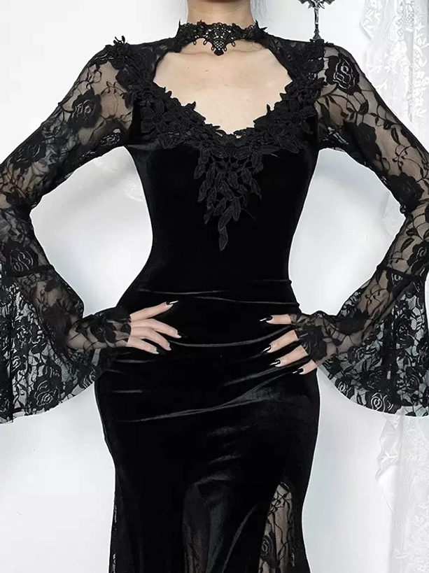 Close-up front view of gothic velvet dress bodice with floral lace applique neckline detail, sheer lace sleeves, and lace choker accessory on model
