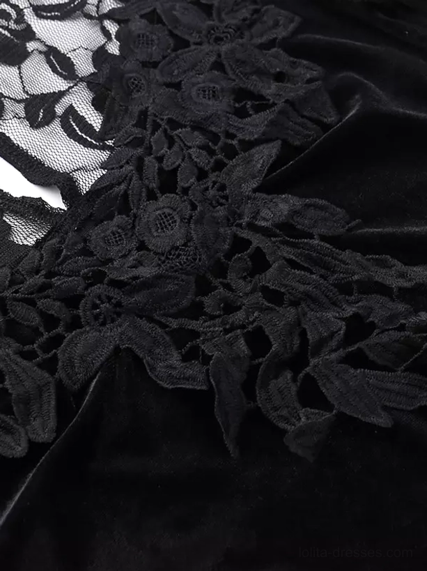 Flat lay close-up of gothic velvet dress neckline featuring embroidery floral lace applique detail on premium velvet base fabric