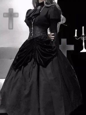 Black Victorian Gothic velvet Lolita dress front three-quarter view showcasing corset waist, ruffled high collar, and puff sleeves with dramatic gothic room setting