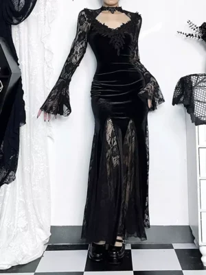 Full front view of gothic velvet mermaid evening gown with cutout neckline, sheer lace bell sleeves, and flowing fishtail skirt on studio background