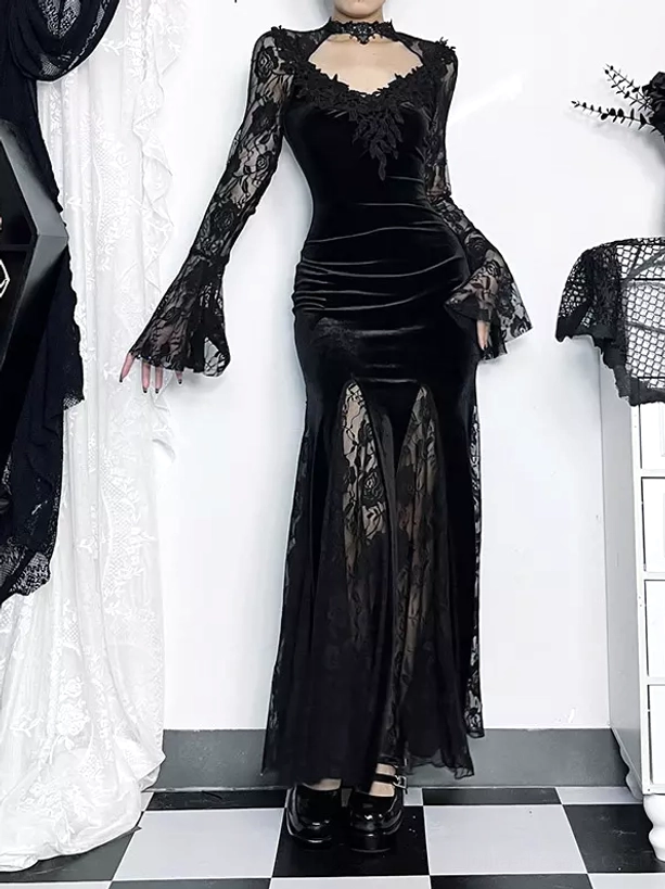 Full front view of gothic velvet mermaid evening gown with cutout neckline, sheer lace bell sleeves, and flowing fishtail skirt on studio background
