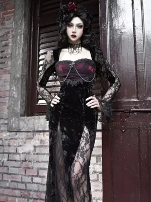 Gothic velvet mermaid Lolita dress half-body front shot with lace long sleeves, chain chest decoration, worn with gothic choker at brick wall and wooden door background