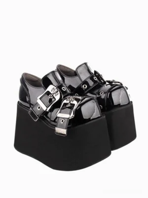 pair of gothic platform lolita pumps side rear angle showing ornate silver buckle embellishments and thick elevated platform heel
