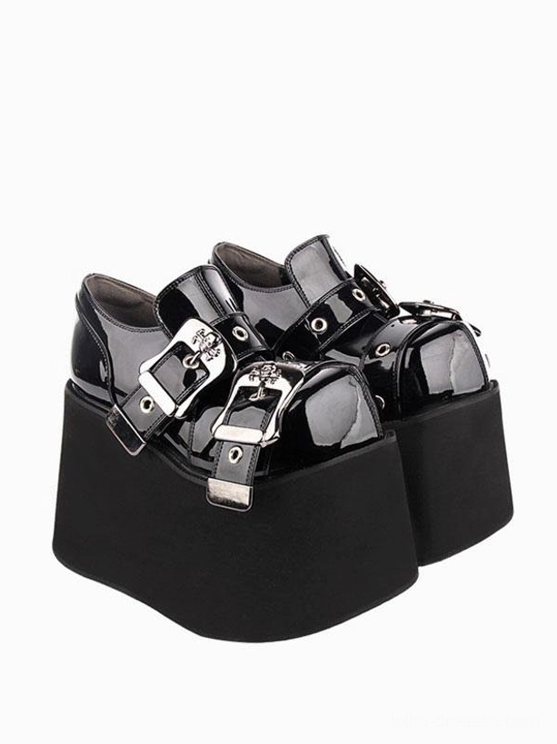 pair of gothic platform lolita pumps side rear angle showing ornate silver buckle embellishments and thick elevated platform heel