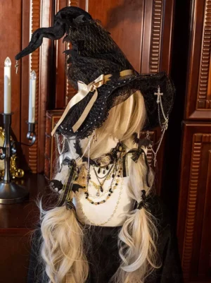 Black lace witch hat with beige-black ribbon bow bat-shaped decorations and layered necklaces side back view, vintage lolita gothic headdress with candle holder