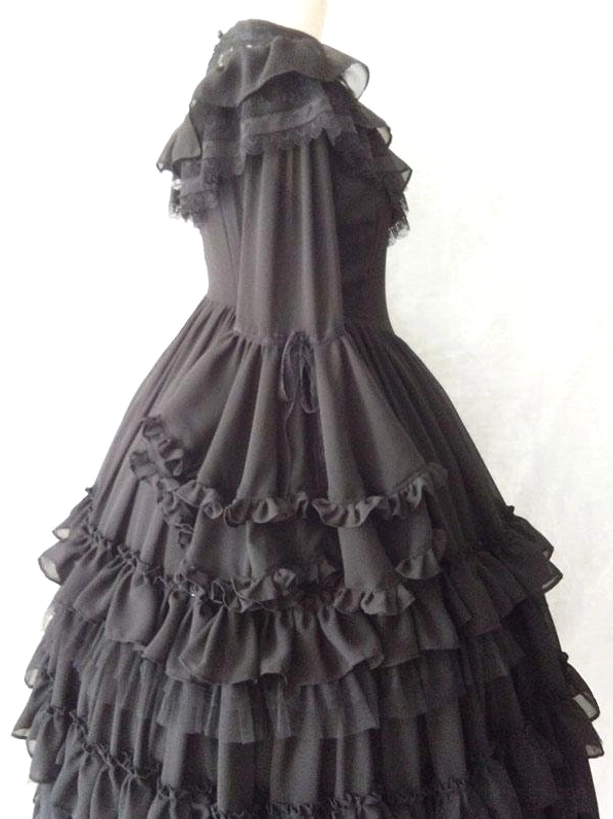 Dark gray Gothic Lolita one-piece dress back flat view ruffled high neck drawstring waist layered ruffle skirt dress form