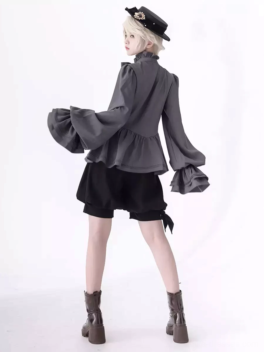 Gray gothic ouji blouse back view full body ruffled cuffs peplum construction blonde model vintage hat