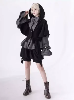 Gray gothic ouji lolita outfit full body styling with hooded capelet brown boots alternative fashion