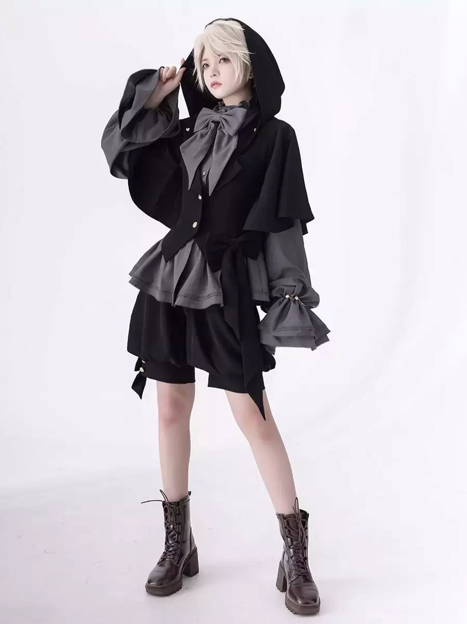 Gray gothic ouji lolita outfit full body styling with hooded capelet brown boots alternative fashion