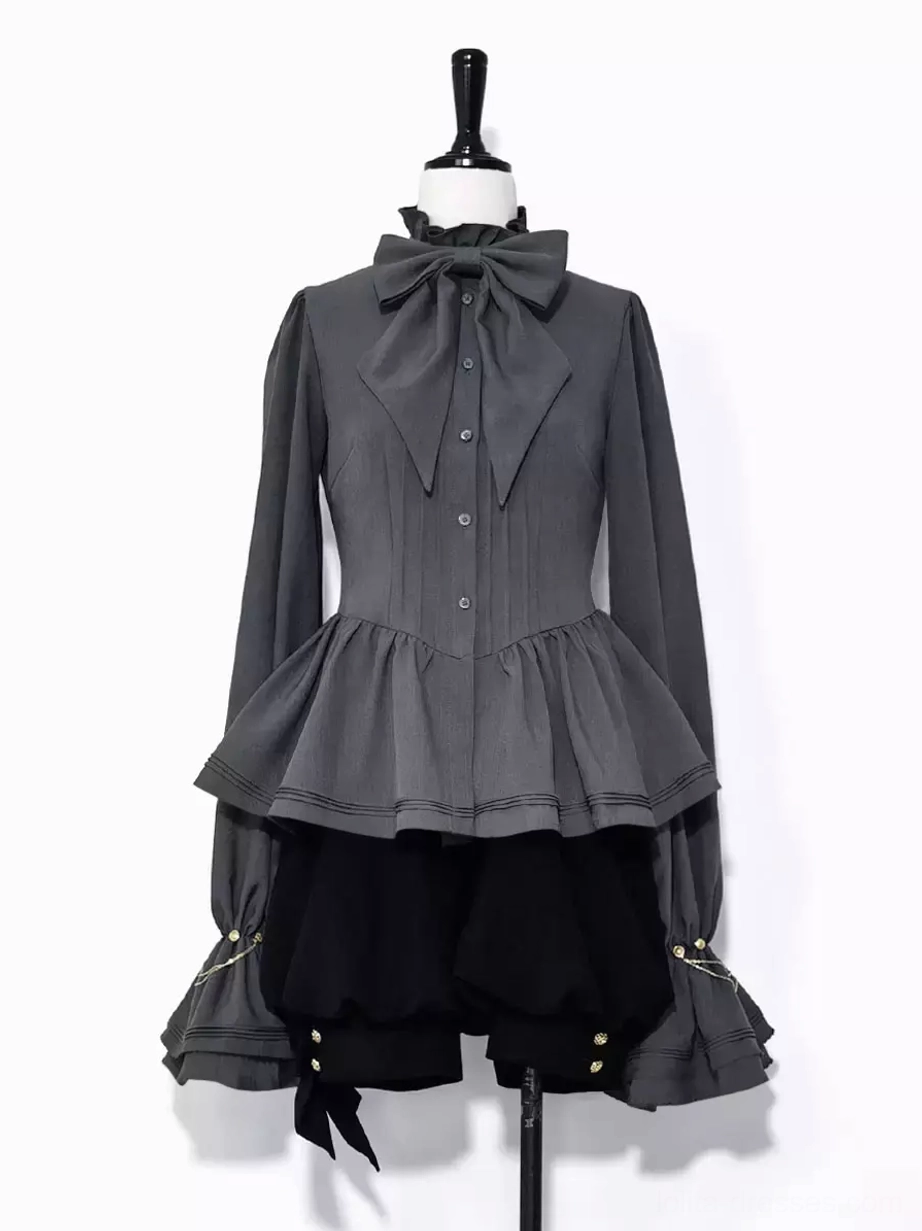 Gray gothic ouji lolita blouse front view on dress form with ruffled stand collar large bow tie black bloomers