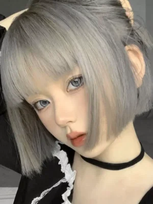 Gray short bob lolita wig smooth synthetic hair neat blunt bangs styled with beige clip and choker