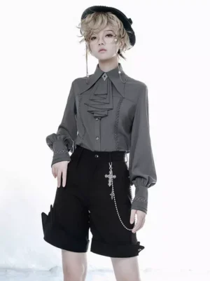 Gray aristocratic Ouji lolita blouse with ruffled jabot and cross chain decoration, front view full-body styling with pointed collar and long sleeves